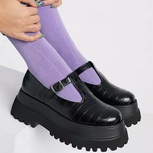 ASOS DESIGN Wide Fit Moonlight chunky Mary Jane flat shoes in black croc